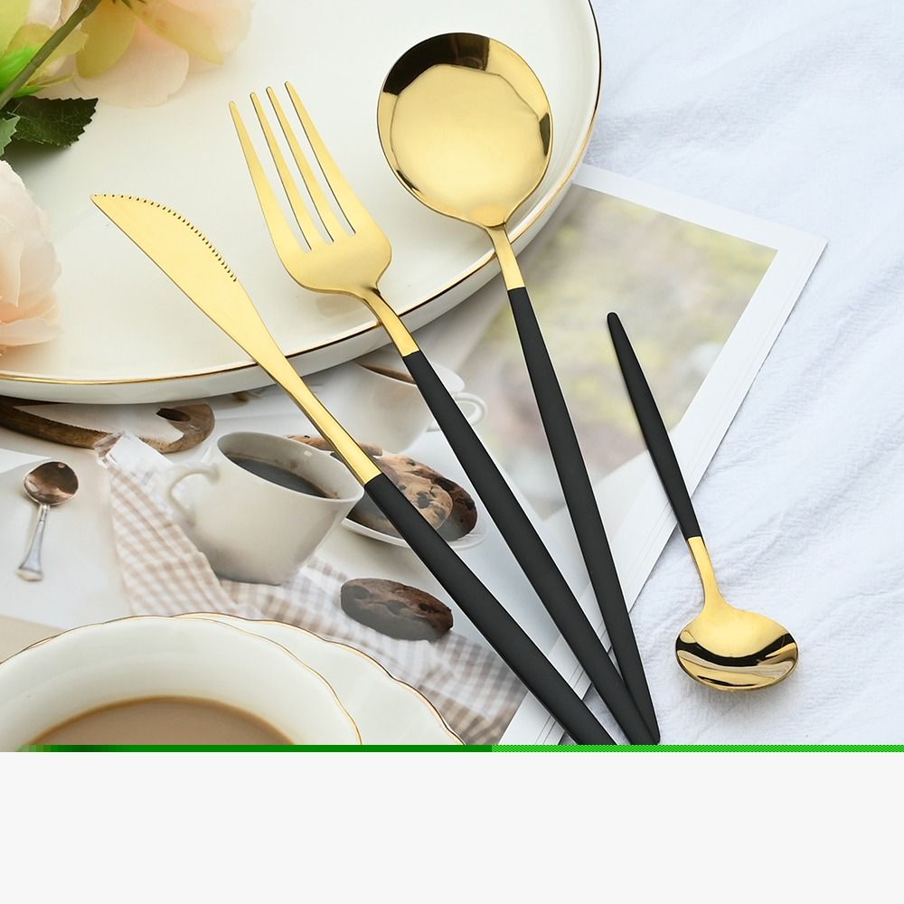 24 részes evőeszközkészlet rozsdamentes acélból - elegáns fekete-arany design 6 személyre