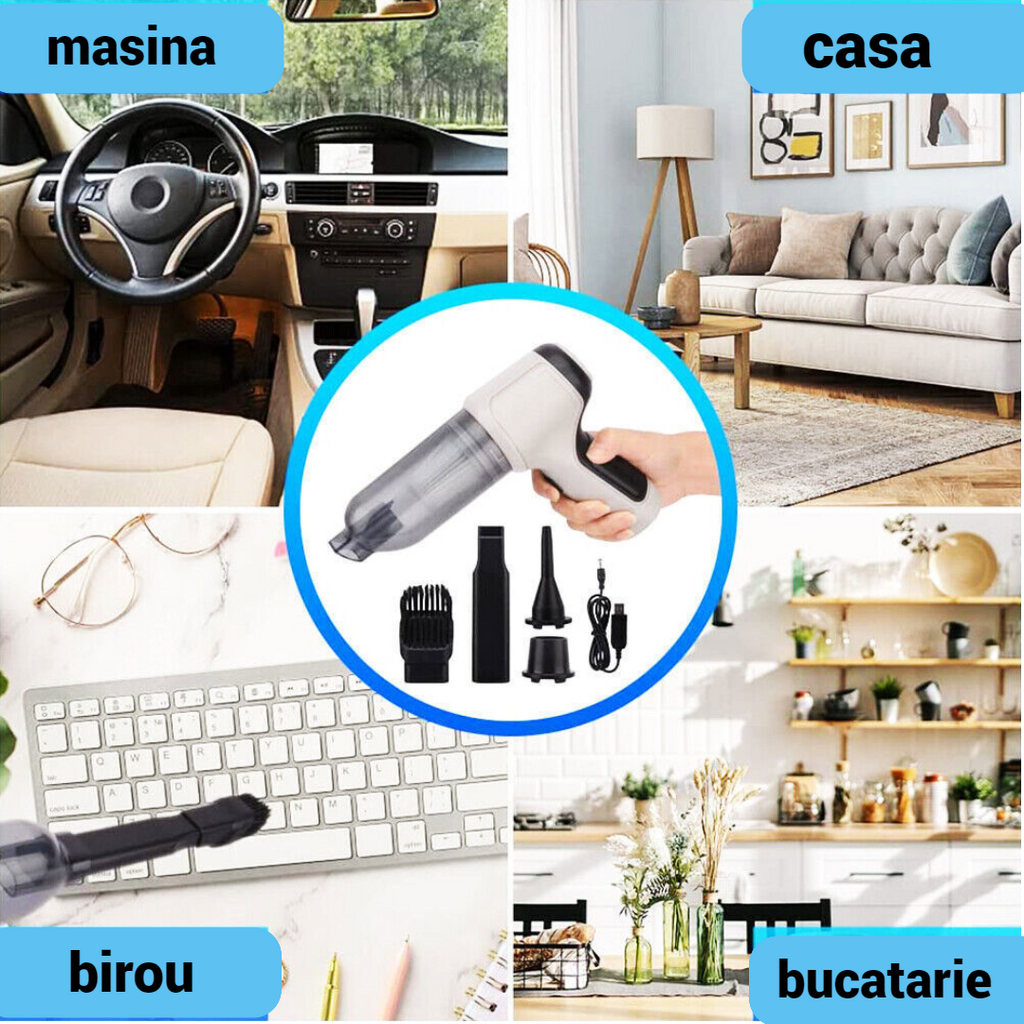 3 az 1-ben hordozható akkumulátoros porszívó - 120W motor, 4000mAh akkumulátor, USB, szívás és fújás