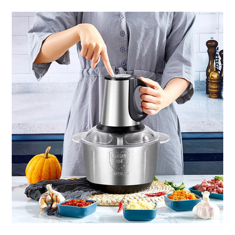 Professzionális csomag: 5 literes rozsdamentes acél elektromos húsdaráló és zöldségaprító + hordozható mini USB turmixgép, 6 pengével, 2 db 400 ml-es tartállyal