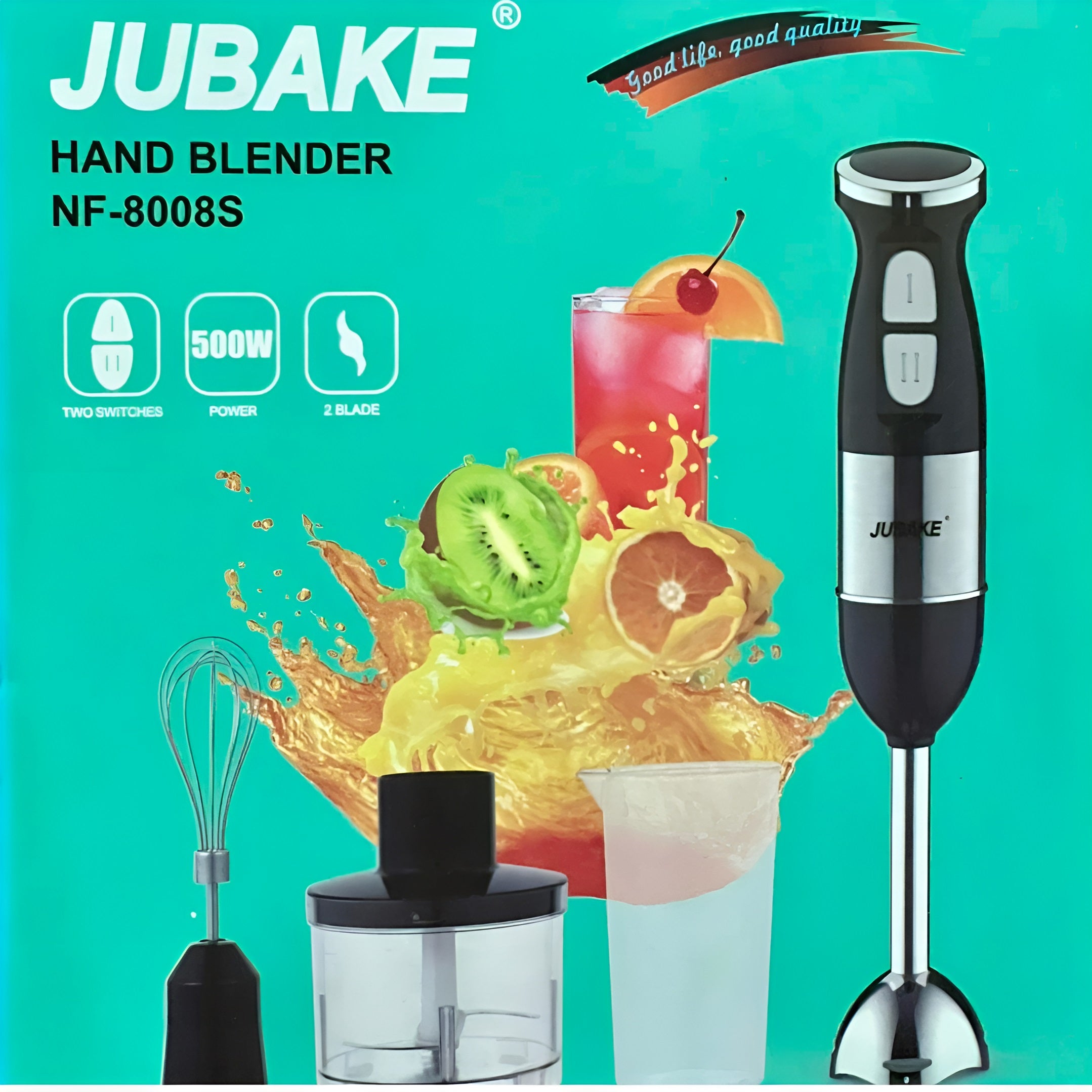 Jubake 500W Multifunkcionális Kézi Turmixgép - 2 Sebességfokozat, Rozsdamentes Acél Pengék, Aprító Tartozék