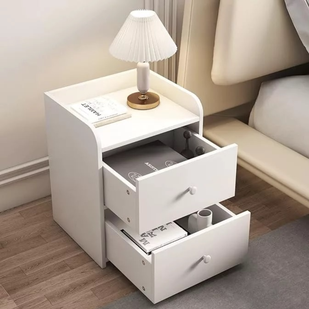 Modern Fehér Éjjeliszekrény 2 Tágas Fiókkal PAL-ból - Elegáns Hálószoba Design