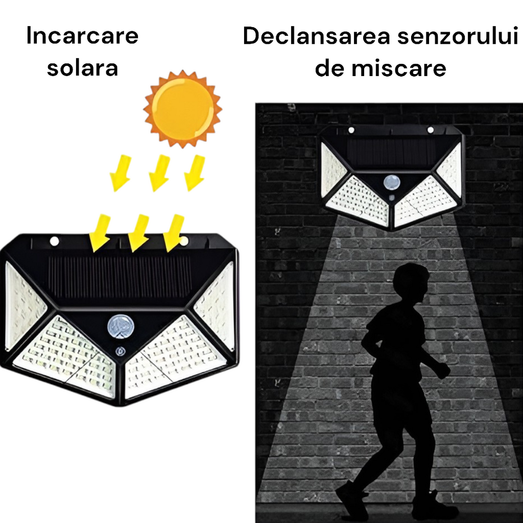 100 LED-es napelemes lámpa mozgásérzékelővel - 600 lumen