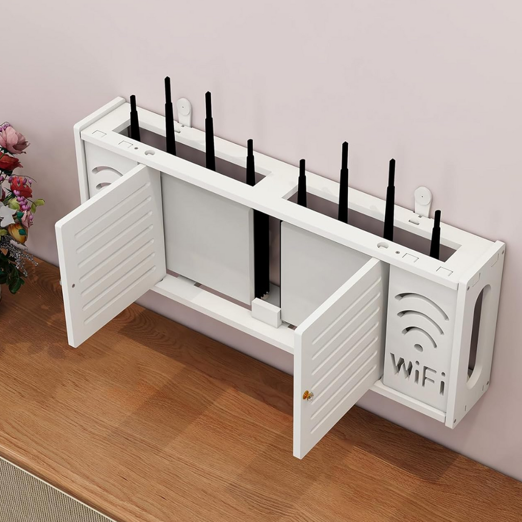 Fali rendszerező polc WiFi routerhez - Modern tartó kábel- és aljzatelrejtéssel