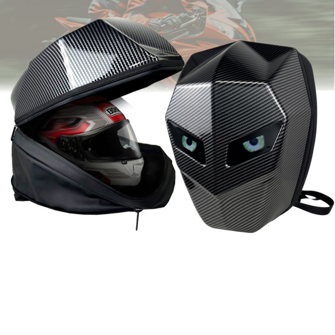 Vízálló motoros hátizsák LED-del és karbon dizájnnal - laptop rekesz, merev tok