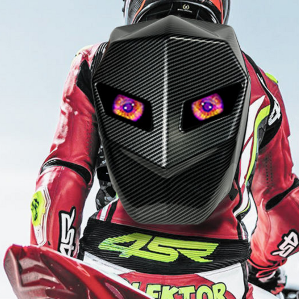 Vízálló motoros hátizsák LED-del és karbon dizájnnal - laptop rekesz, merev tok