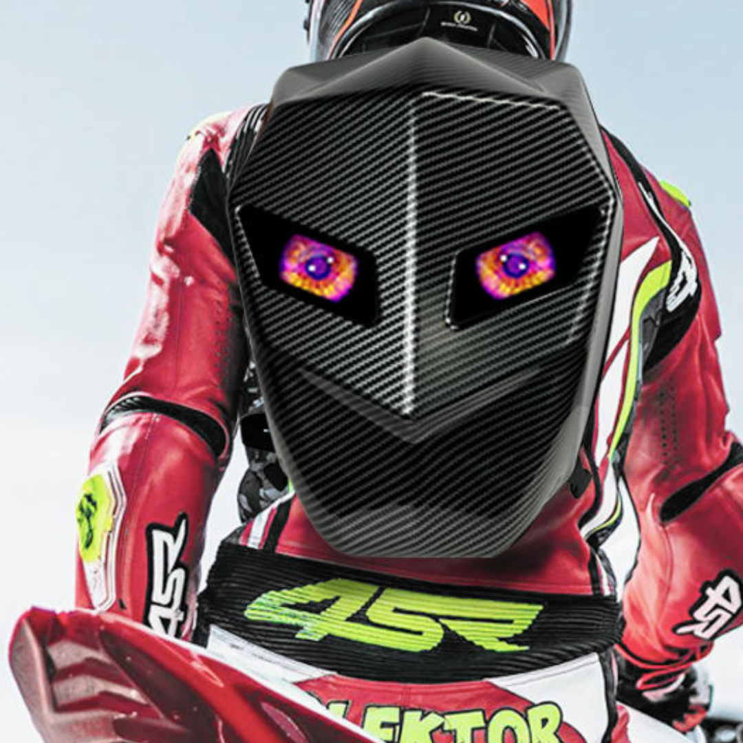 Vízálló motoros hátizsák LED-del és karbon dizájnnal - laptop rekesz, merev tok
