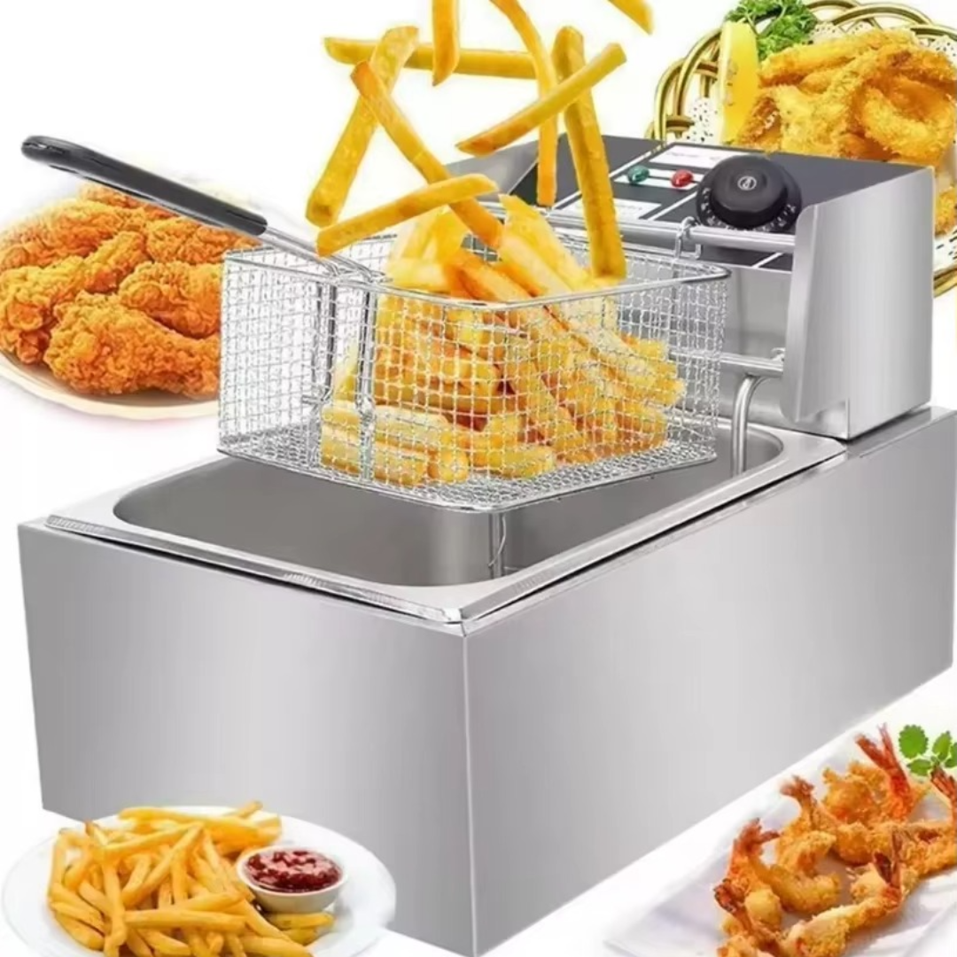 Professzionális elektromos fritőz 6L, rozsdamentes acél, 2500W – állítható termosztát, fröccsenésgátló fedél