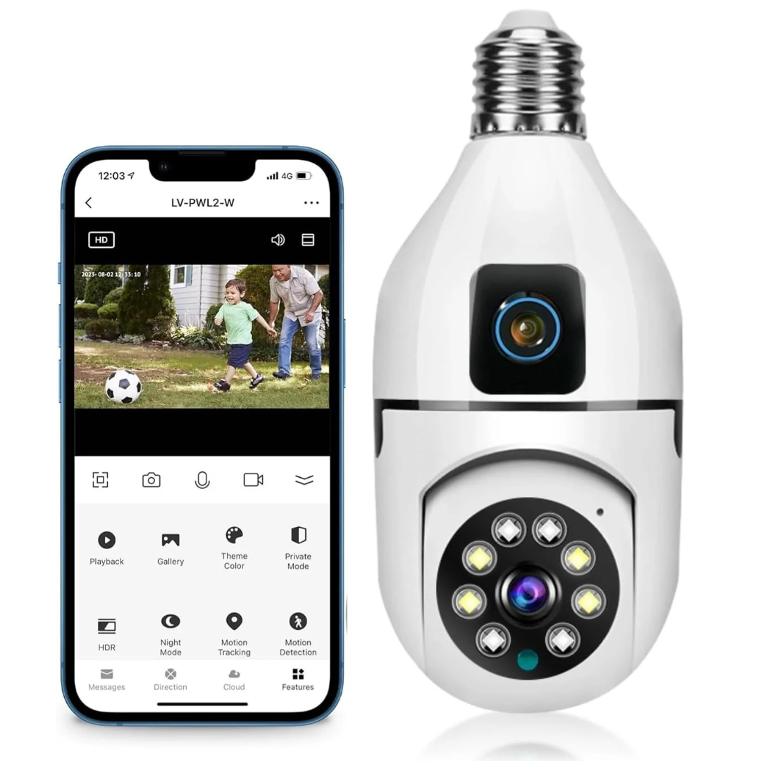 E27 360°-os Ultra HD 2MP WiFi megfigyelő kamera + 32GB kártya - Kétirányú hang és éjjellátó