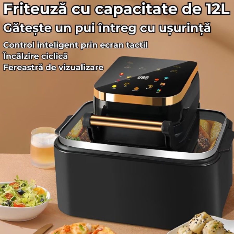 Digitális forrólevegős fritőz 12L 1700W - Érintőképernyős vezérlés, 11 program, LED kijelző, Olajmentes főzés