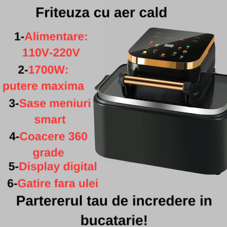 Digitális forrólevegős fritőz 12L 1700W - Érintőképernyős vezérlés, 11 program, LED kijelző, Olajmentes főzés