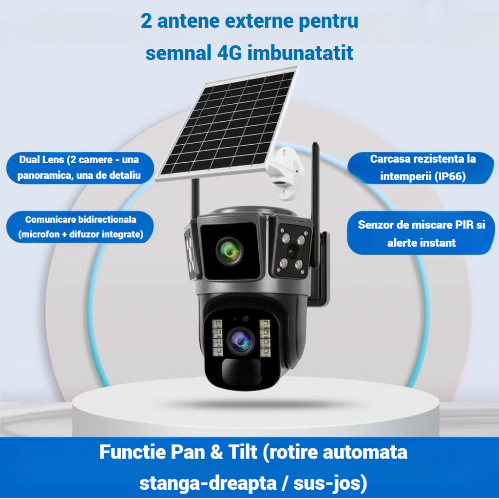 4G Megfigyelő Kamera Napelemmel - Dupla Lencse 360°, Full HD, Színes Éjszakai Látás, Kétirányú Audio