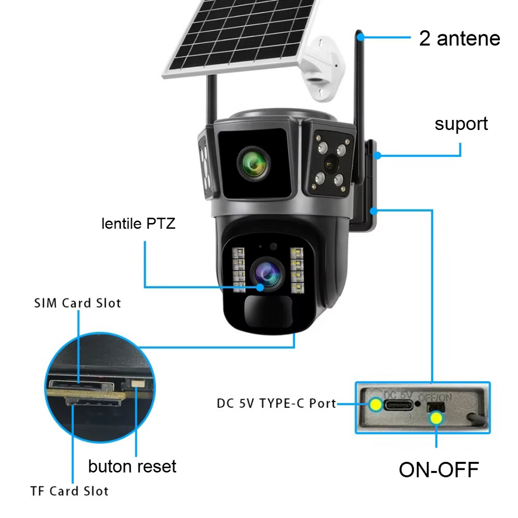 4G Megfigyelő Kamera Napelemmel - Dupla Lencse 360°, Full HD, Színes Éjszakai Látás, Kétirányú Audio