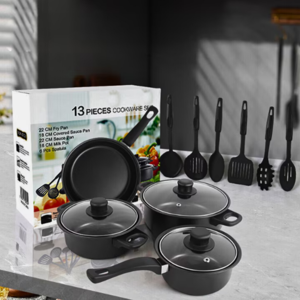 13 részes tapadásmentes edénykészlet - fazekak, serpenyők, üvegfedők és eszközök