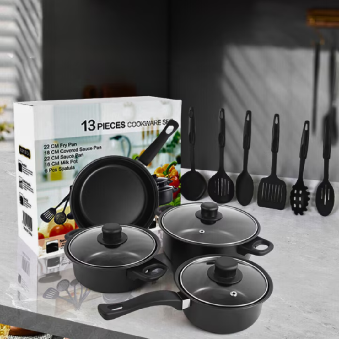 13 részes tapadásmentes edénykészlet - fazekak, serpenyők, üvegfedők és eszközök