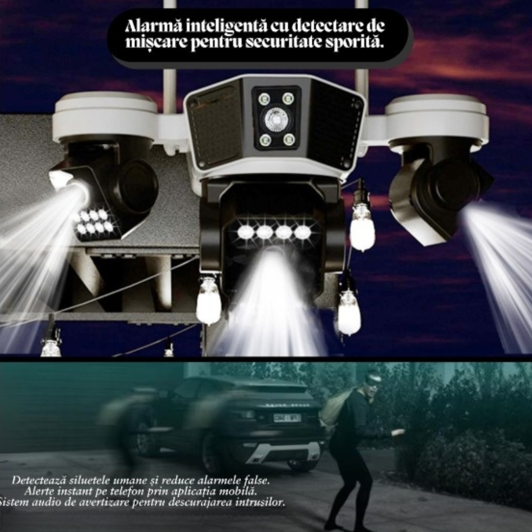 WIFI napelemes térfigyelő kamera 3 lencsével, automatikus forgatással, intelligens követéssel, színes éjjellátóval, V380 Pro telefonvezérléssel