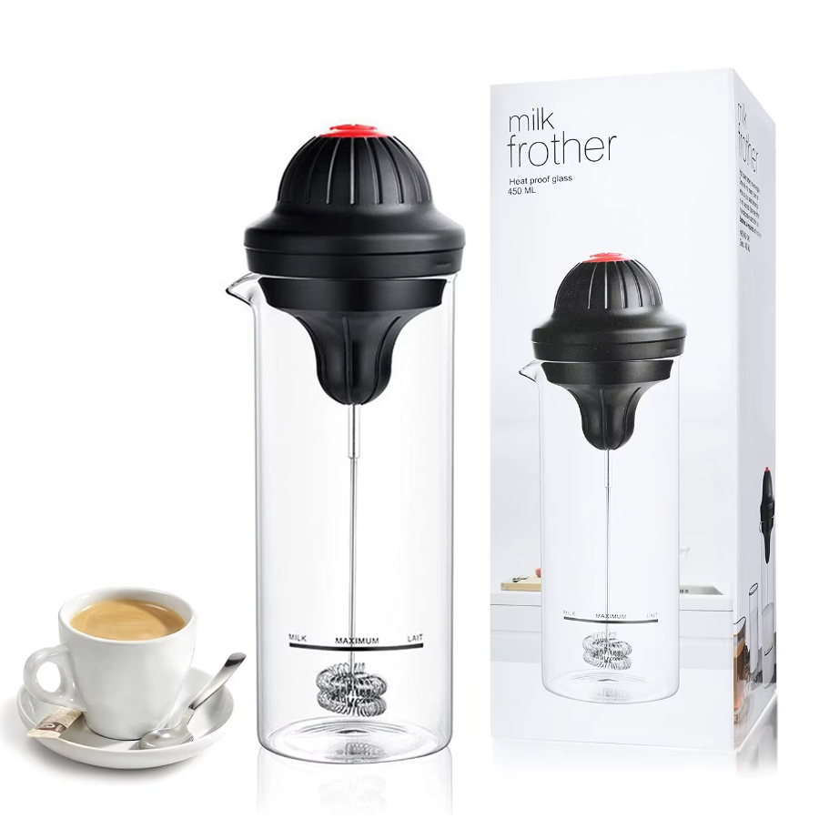 Elektromos tejhabosító 450 ml, hőálló üvegpohárral, sűrű és egyenletes habbal, ideális cappuccinohoz, lattéhoz és kávéhoz