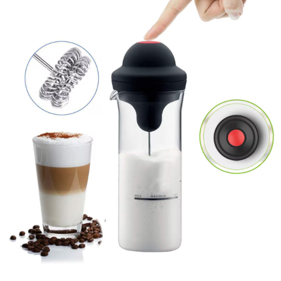 Elektromos tejhabosító 450 ml, hőálló üvegpohárral, sűrű és egyenletes habbal, ideális cappuccinohoz, lattéhoz és kávéhoz