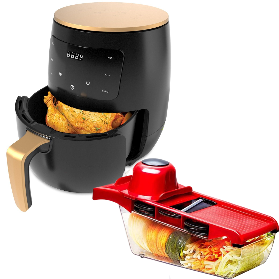 Gazdaságos Konyhai Csomag – Air Fryer 6L 2400W Olajmentes Fritőz Digitális Kijelzővel + 6 az 1-ben Zöldség- és Gyümölcsreszelő Tartállyal