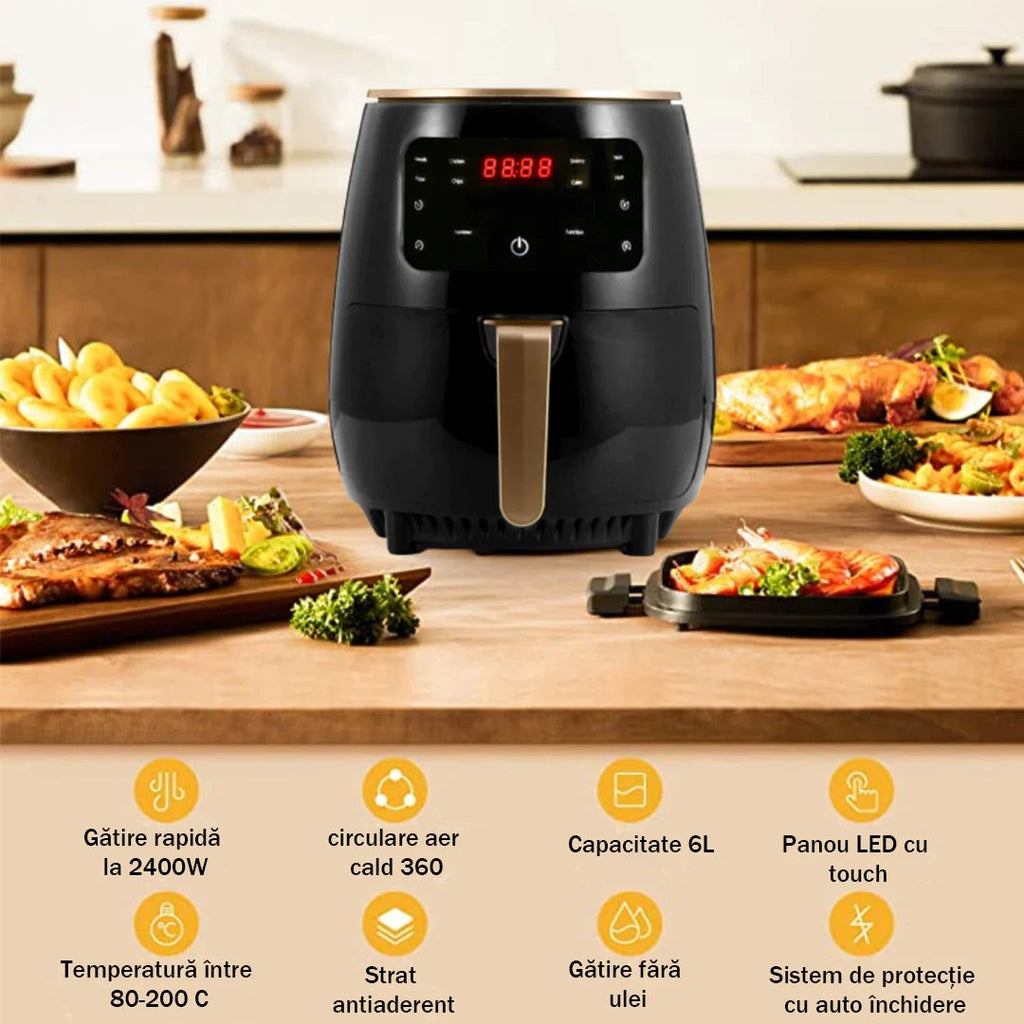 Gazdaságos Konyhai Csomag – Air Fryer 6L 2400W Olajmentes Fritőz Digitális Kijelzővel + 6 az 1-ben Zöldség- és Gyümölcsreszelő Tartállyal