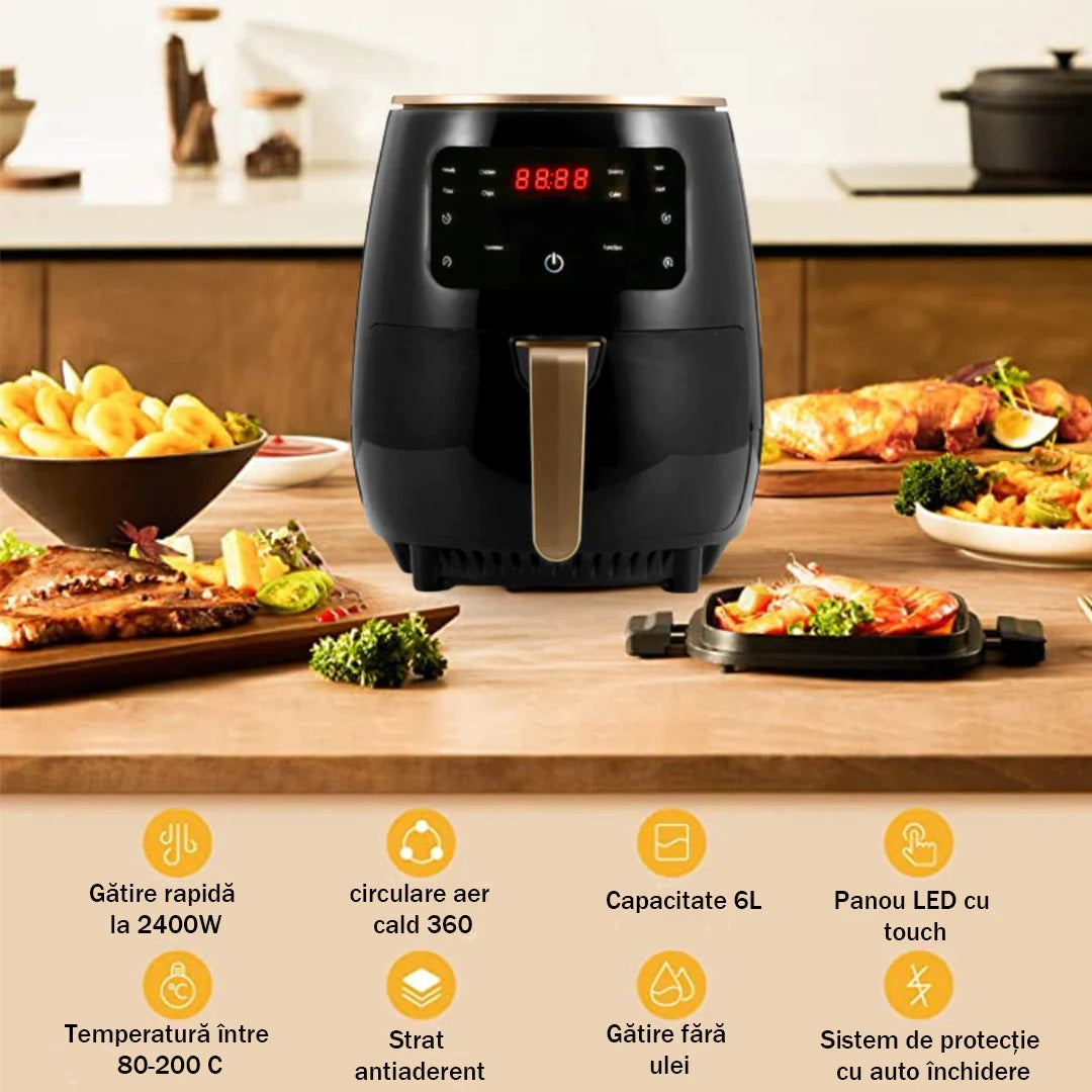 Gazdaságos Konyhai Csomag – Air Fryer 6L 2400W Olajmentes Fritőz Digitális Kijelzővel + 6 az 1-ben Zöldség- és Gyümölcsreszelő Tartállyal