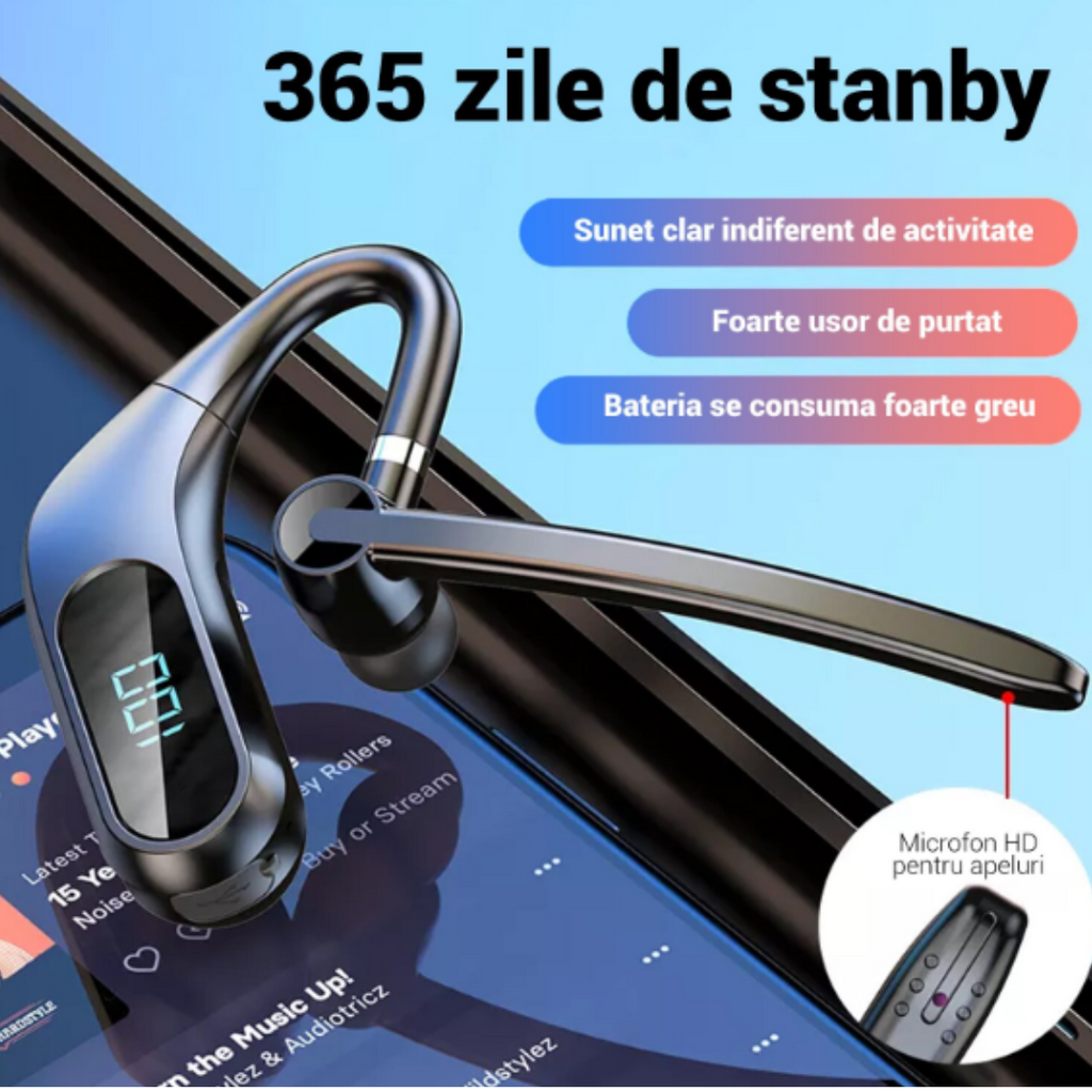 KJ12 vezeték nélküli Bluetooth headset, kihangosító mikrofonnal, 180°-os forgatás, LED kijelző, hosszú üzemidő, gyors csatlakozás, 10m hatótáv, fekete