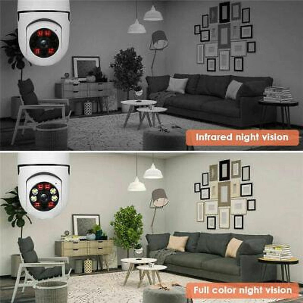 355°-os Full HD WiFi izzó kamera panoráma szöggel, mozgásérzékelővel és kétirányú audio funkcióval