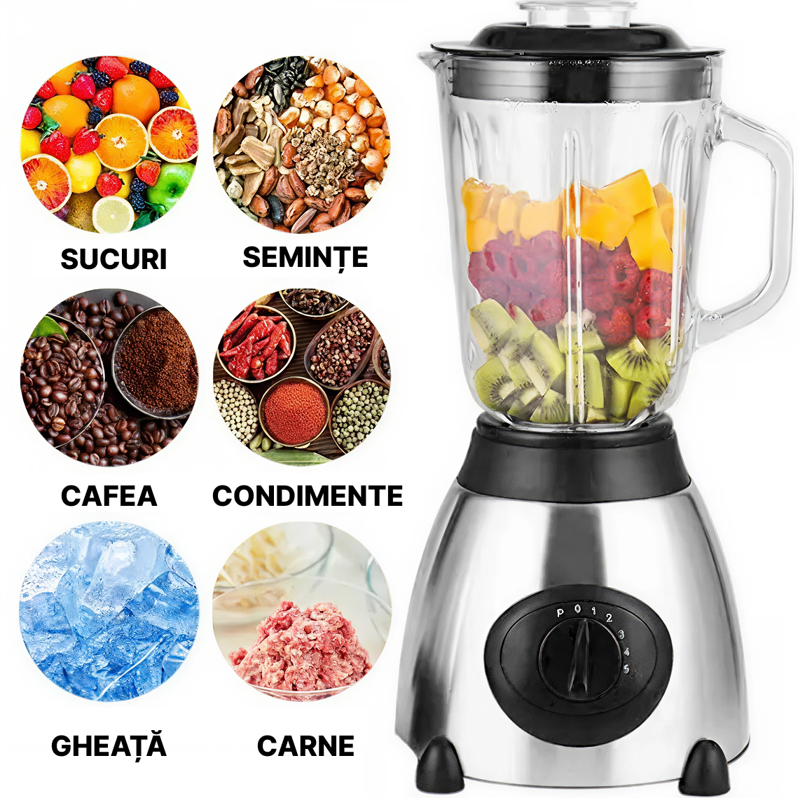 2 az 1-ben elektromos turmixgép darálóval | 1.5L | 650W | 5 sebesség + Pulse funkció | Rozsdamentes acél pengék | Turmixolás, Smoothie, Jégaprítás