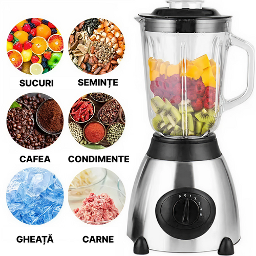 2 az 1-ben elektromos turmixgép darálóval | 1.5L | 650W | 5 sebesség + Pulse funkció | Rozsdamentes acél pengék | Turmixolás, Smoothie, Jégaprítás
