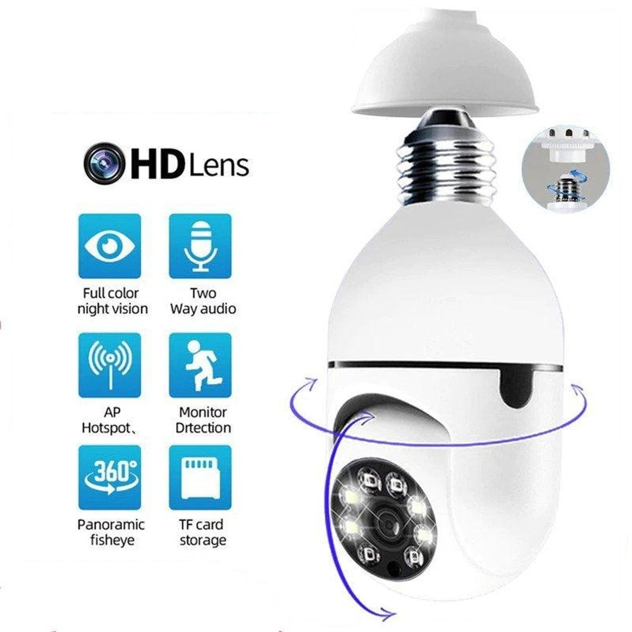 2 db WiFi izzó típusú megfigyelő kamera szett 355°-os Full HD panoráma látószöggel, mozgásérzékelővel és kétirányú audio funkcióval