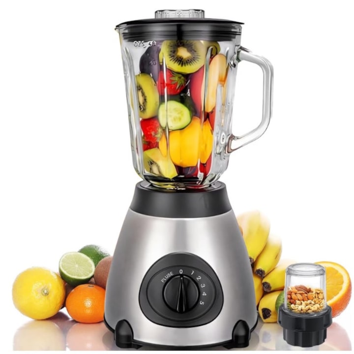 2 az 1-ben elektromos turmixgép darálóval | 1.5L | 650W | 5 sebesség + Pulse funkció | Rozsdamentes acél pengék | Turmixolás, Smoothie, Jégaprítás
